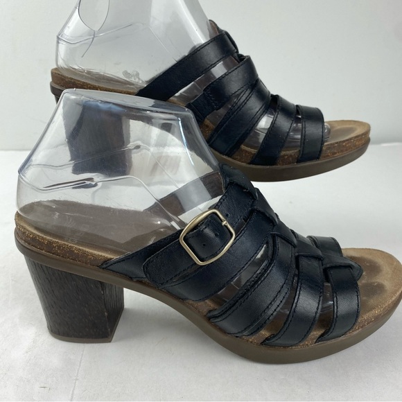 Dansko Womens 39 (US 8.5-9) Dina Black Leather Block Heel Sandals - Picture 1 of 6